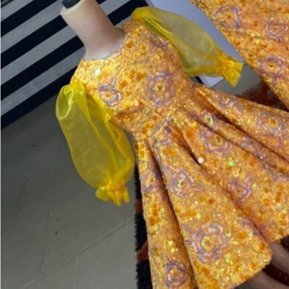 Yellow and Orange Floral Dress with Sheer Sleeves